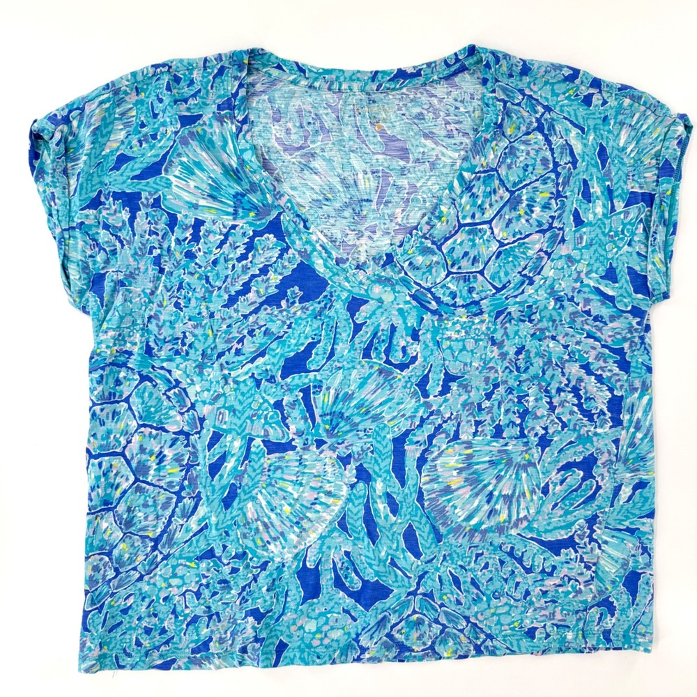 Lilly Pulitzer T-Shirt Womens L Blue Sea Turtle Shell V-Neck Cotton Daley